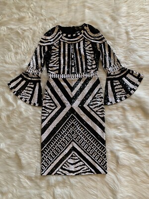 Alice + Olivia New Jae Sequin Midi Dress Black White Size 4 | eBay