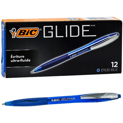 BIC Atlantis Glide VCG11 14408, Blue Ink 1.0mm Med Pt Retractable Pens Box of 12