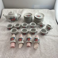 Tea Set Rose Pattern Miniature 39 Piece Porcelain Vintage Tea Set Used