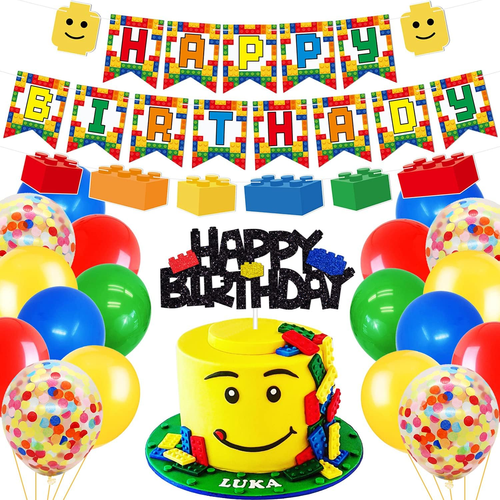 Building Blocks Themed Birthday Party Decorations Pack - Includes Glitter Cake T