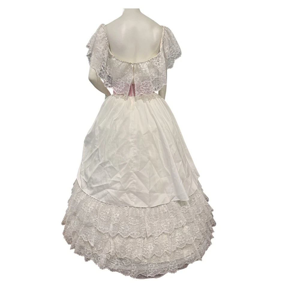 Vintage 70’s Prom Dress With Petticoat Lace White Pink Ribbon Southern Belle S/M - Image 2 of 4