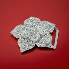 Unbranded Metal Floral Silver Tone Rhinestone Belt Buckle Fits Belts 1.5