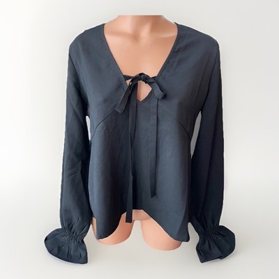 Line And Dot Black V-neck Blouse S Long Sleeve Shirt Top Smocked Wrist NWT 