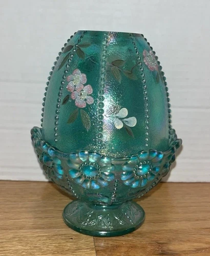 Fenton STIEGEL GREEN Hand Painted Beaded Daisy Fairy Lamp Light Iridescent