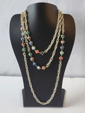 Vtg EMMONS Silver Tone Faux Stone Station DOUBLE CABLE Chain Necklace 23" & 16"