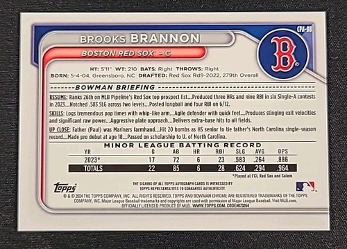 Brooks Brannon 2024 Bowman Cromo AUTO #/299 REFRACTOR MOTEADO #CPA-BB RED SOX - Imagen 3 de 4