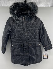 London Fog Girls Hooded Puffer Quilted Jacket, Size 6X Black Faux Fur NWT