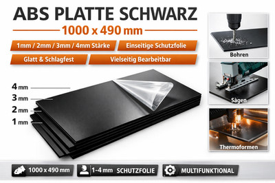 ABS Kunststoffplatte 1000x490mm-Schwarz-Stärken 1-2-3-4mm-Einseitige Schutzfolie