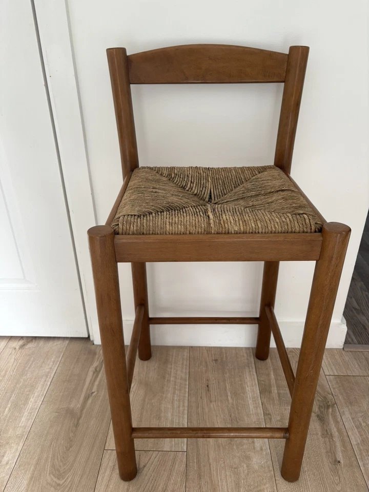Vintage Lovely Brown Wooden Bar Stool with Rattan wicker woven Seat  - Image 2 of 4