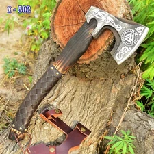 HANDMADE TOMAHAWK , HATCHET, AXE , INTEGRAL ENGRAVED HEAD LEATHER WRAP HANDLE