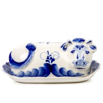 Gzhel Cow Butter Dish 7.5x4.3x3.3'' Butter Keeper Porcelain Dish with Lid