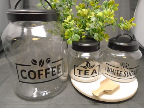 Glass Kitchen Canister Set With Black Lids & Labels For Coffee Tea & Sugar - Far