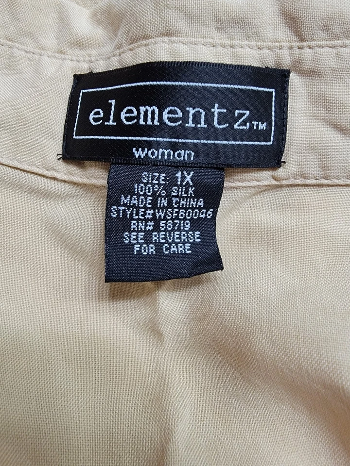 Elementz Womens Shirt Top Blouse Size 1X Yellowish Tan Silk - Image 2 of 4