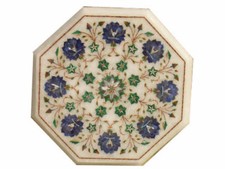 Piano Del Tavolo Angolare In Marmo 12" Lavoro Di Intarsio Florale In Pietra Dura