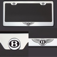 One Bentley Logo Black Laser Engraved Stainless Steel License Plate Frame Chrome