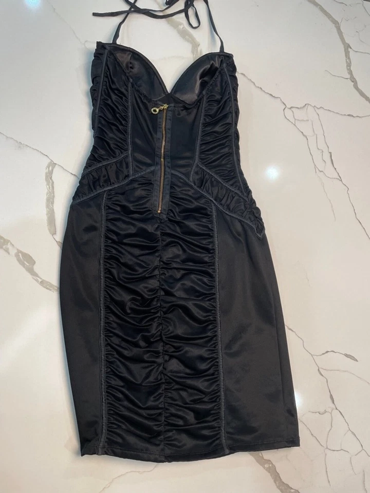 Bebe Silk Satin Bodycon Halter Dress S Black Sexy Club Vamp Dark Femme Y2K - Image 3 of 4