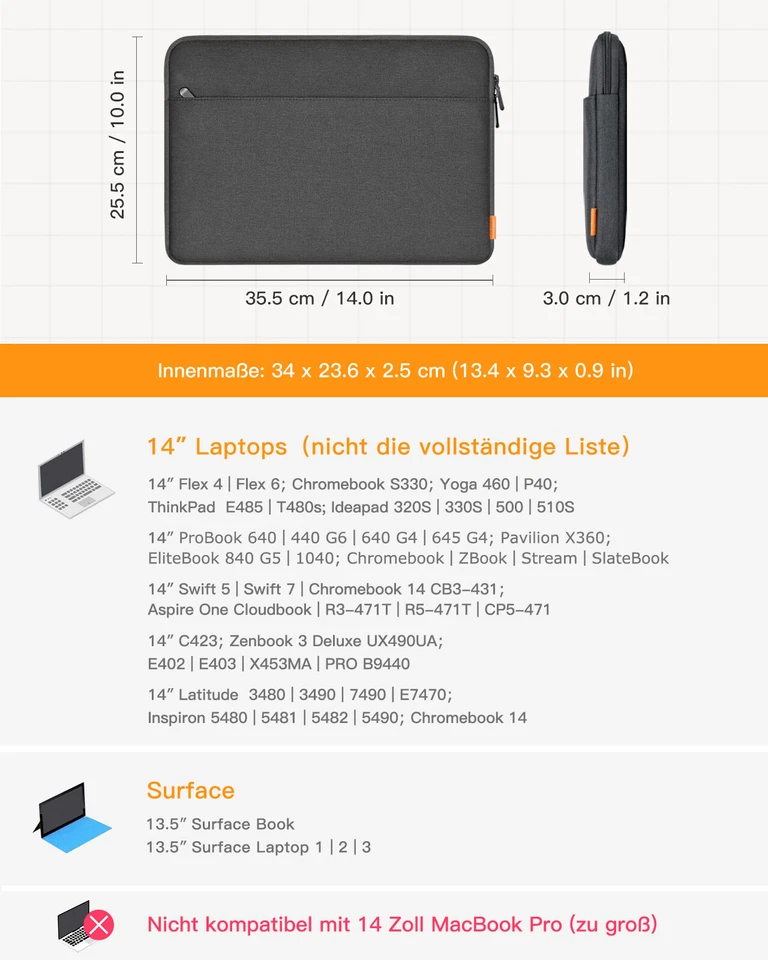 Inateck 14 Zoll Laptoptasche Hülle 14" Laptops 15" MacBook Pro 15.3" MacBook Air - Bild 2 von 4