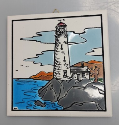 Vtg 6x6'' 1982 Mako Hand Painted Lighthouse Ceramic Trivet Tile Madeira Beach FL