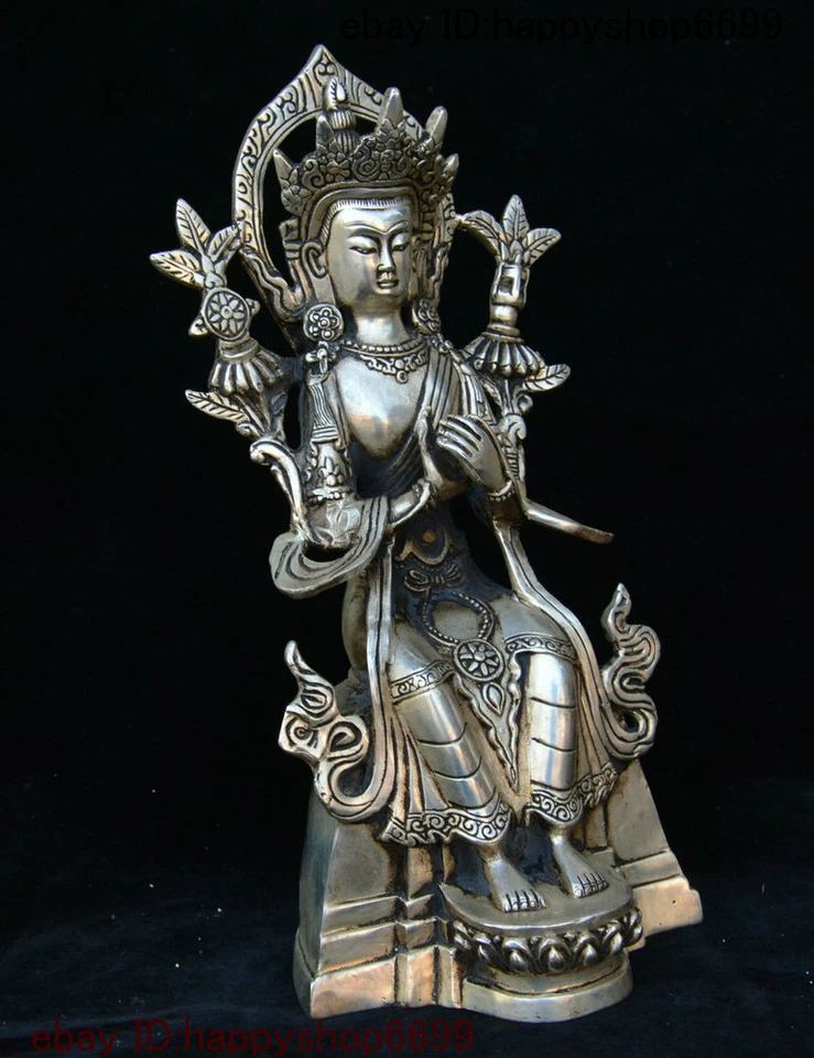 8" Antiguo Budismo Tibetano Plata Corona Celestial Maitreya Bodhisattva Buda Estatua Foto 4 de 4