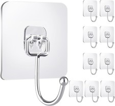 10 Pack Large Clear Adhesive Hooks for Hanging, Stick On Wall Mount Hooks Stainl