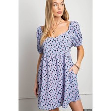 Allover Daisy Soft Printed Puff Sleeve Babydoll Back Tied Dress