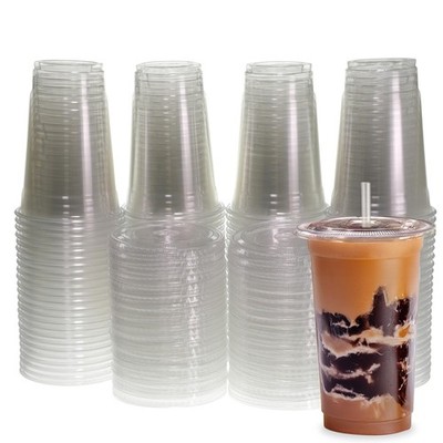 Freshware Clear Plastic Cups Flat Lids And Straws 100 Cups - 20 Oz Disposable