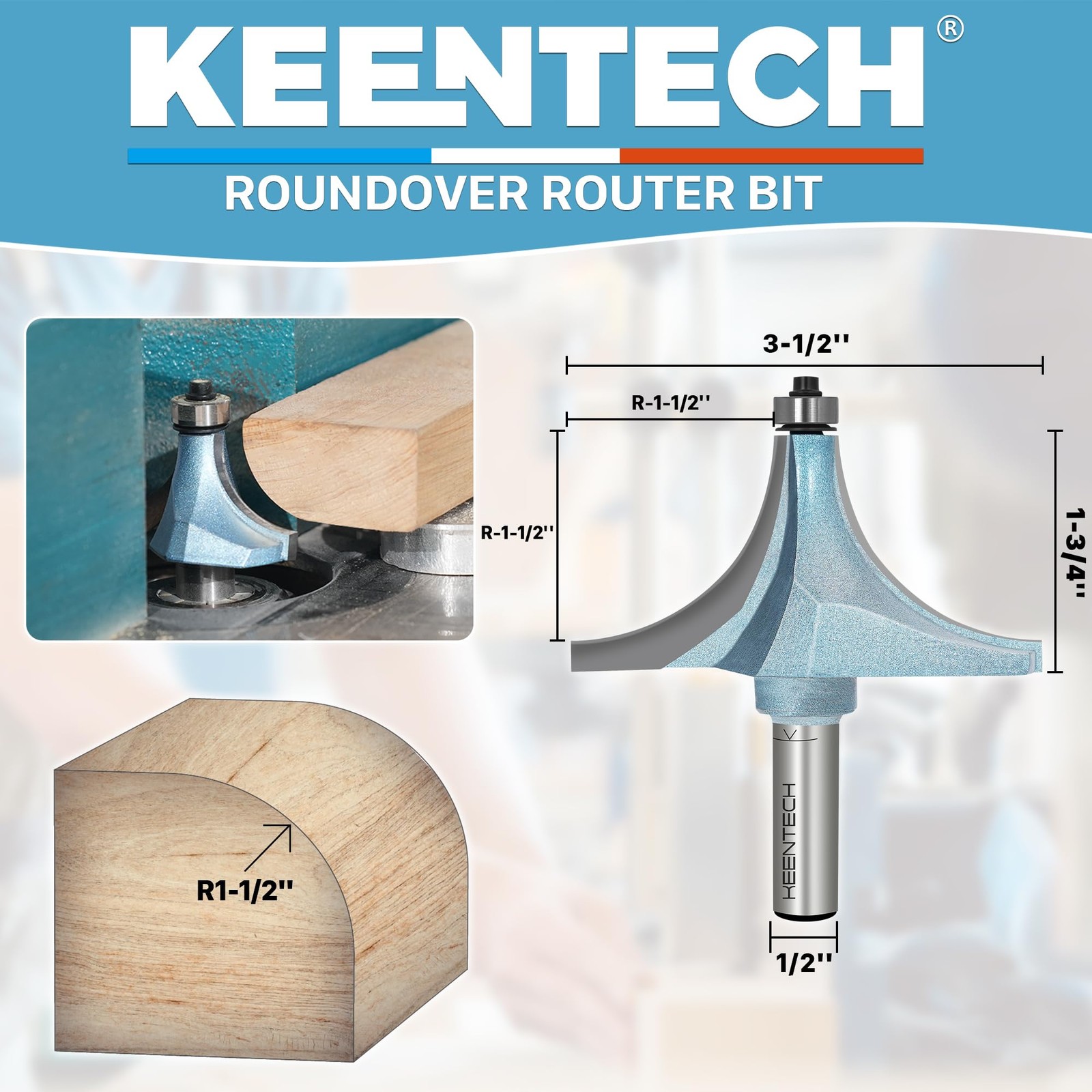 KEENTECH Round Over Router Bit, 1/2 Shank, Edge Forming Router Bit for Wood, ...