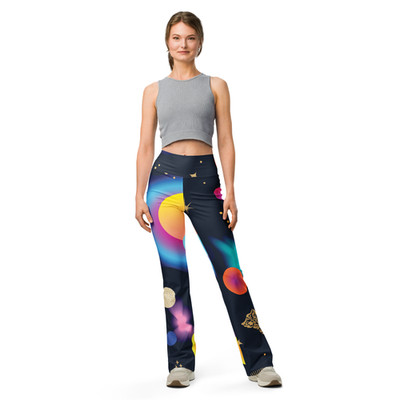 Galaxy Print Flare Leggings High Waisted Yoga Pants Colorful Cosmic Pattern
