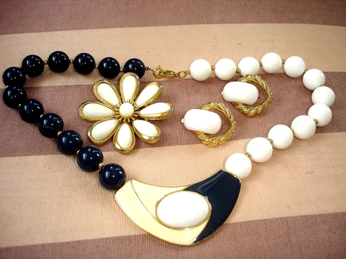 Vintage TRIFARI Necklace, Clip Earrings, Brooch-LOT 3 Items-White Gold Navy Blue