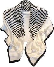 Luxury Silk Square Scarf Black and White Striped Pattern Classic Geometric De...