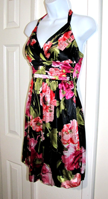 VTG Trixxi Tie-Halter Dress Pad-cups Stretch Black/Pink Floral Bubble Hem  Wm. S | eBay