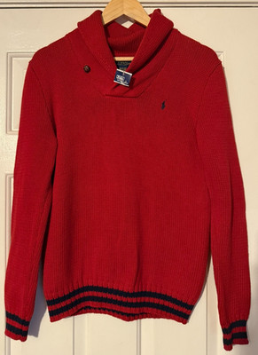 Polo Ralph Lauren Shawl Striped Navy Red Pony Youth XL (18-20) Knit Sweater