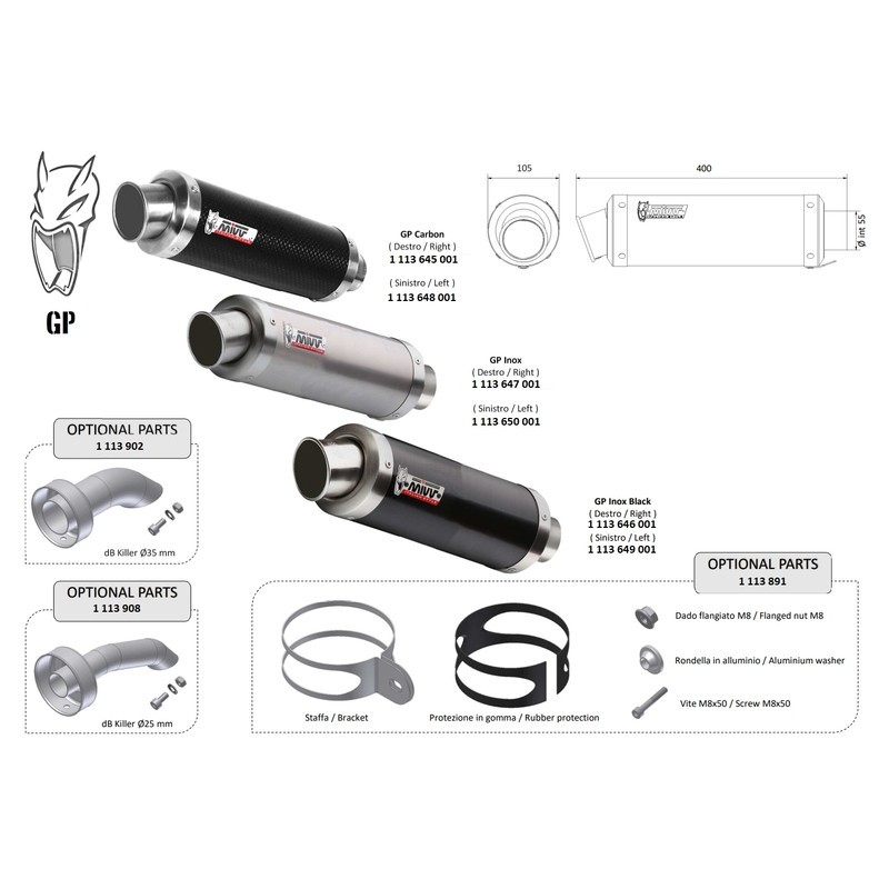 Silencieux universel MIVV GP côté droit échappement moto carbone 50mm