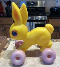 Vintage EMPIRE Toy Yellow Bunny Rabbit pull toy-pink wheels-10" tall-8" long
