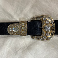 Streets Ahead 1986 Western Black Leather Jeweled Buckle Belt Size Small