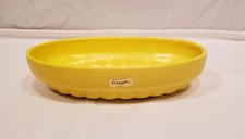 Vintage Haeger Yellow Console Bowl, Oval Ribbed Pottery Bowl, Original Sticker