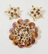 Vintage Alice Caviness Gold Rivoli Faux Pearl Topaz Rhinestone Brooch & Earrings