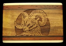 QK28125 NOS GREAT 1980s BIG HORN SHEEP WOOD INLAID SOLID BRASS ART BUCKLE