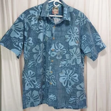 LOCAL MOTION Hawaiian Shirt Blue Cotton Mens Sz Large Aloha Tropical