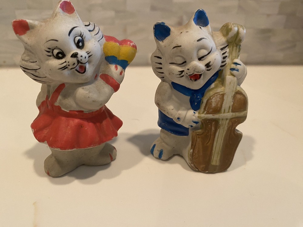 Vintage Ceramic Cat Musicians Set of Two Figurines