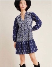 Maeve Anthropologie Carlita Blue & White Tiered Tunic Dress XS