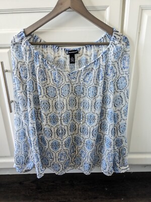 Pretty Chic Boho Top Blouse By INC International Concepts Size 6 Blue White 