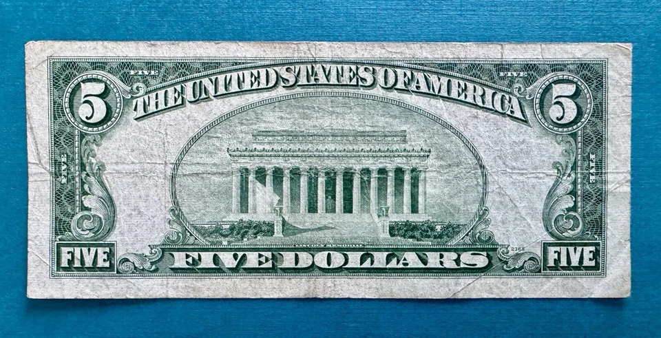 1953-A $5 Red Seal Federal Reserve Note | Off Center Obverse| Fr. 1533 - Image 2 of 2