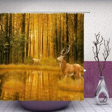 Cabin Deer Wildlife Lodge Forest Fabric Shower Curtain, Modern Rustic,70"x70-NEW
