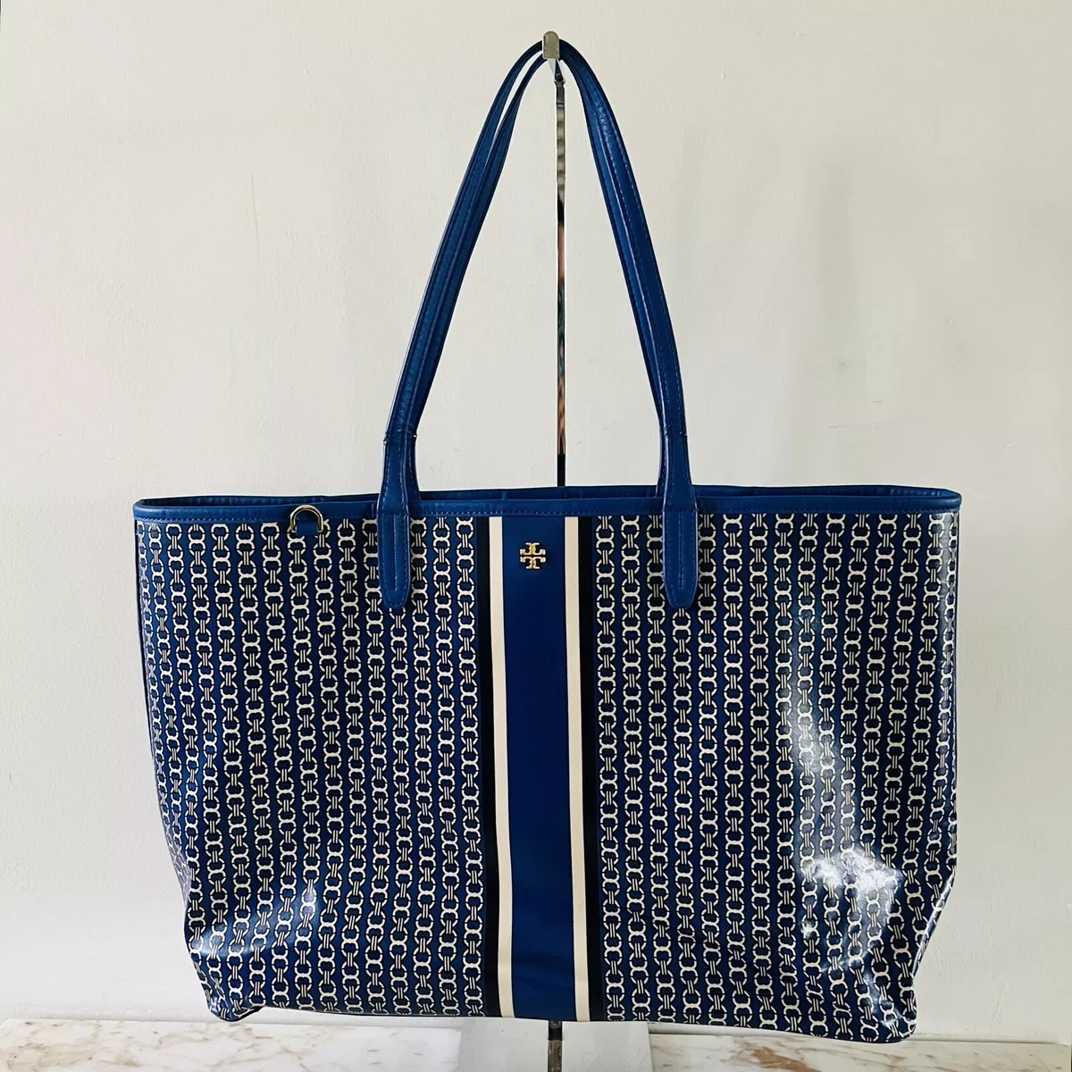 TORY BURCH Blue White Stripe Gemini Link Tote Bag