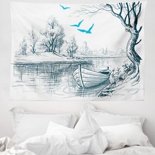Sketchy Microfiber Wide Tapestry Boat on River Drawing