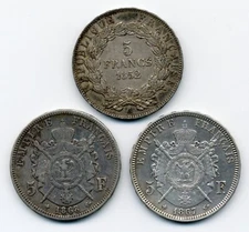 LOT of 3 Coins - 1852, 1867, 1868 France 5 Francs - VF to EF+