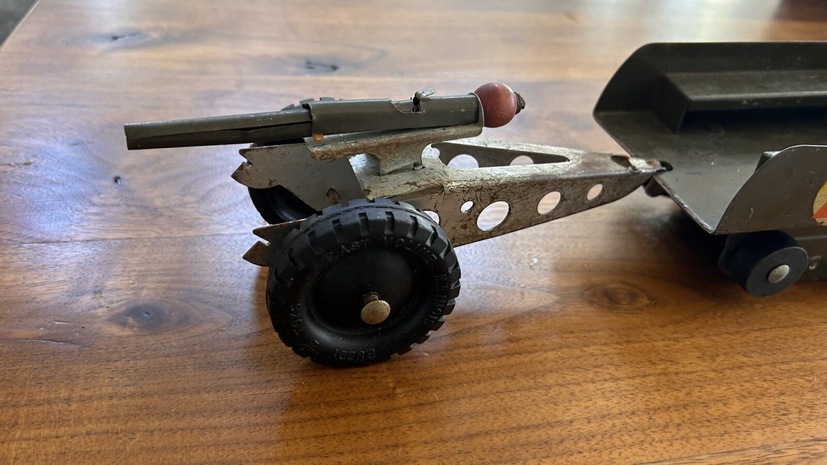 Camion Militaire Demi-piste Buddy L Vintage Avec Canon, Unité D'artillerie Mobile, Rare