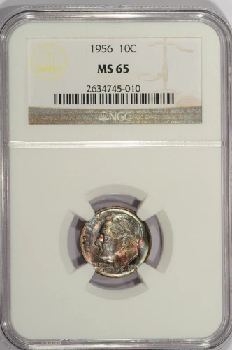 1956-P ROOSEVELT DIME / BEAUTIFUL TONING & NICE LUSTER ON BOTH SIDES / NGC MS65