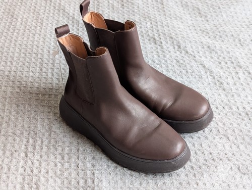 Fit Flop Boots Women 7 Brown F-Mode Leather Flatform Chelsea Pull On FitFlop NEW
